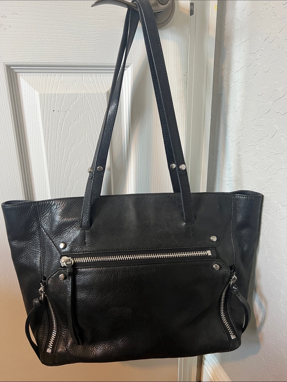 Black Leather BOTKIER Tote Bag with Zip Closure and Front Zip Pocket